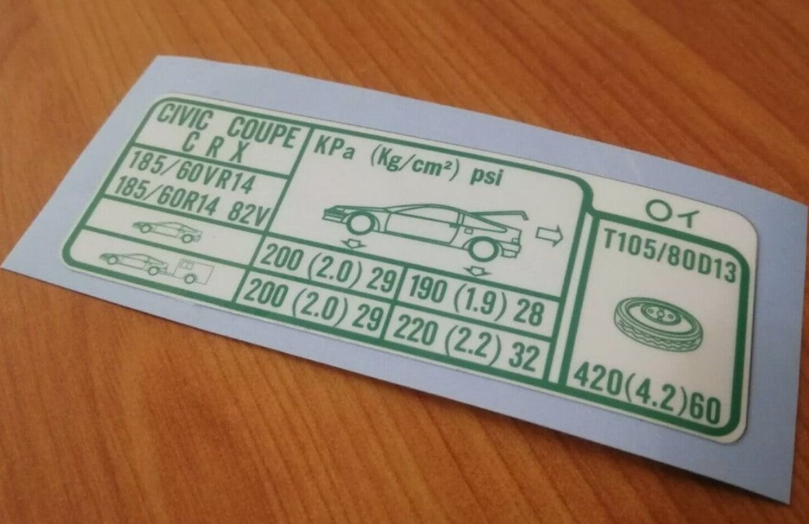 CRX Civic 88-91 - Fits D16 B16 Bonnet - Air Box Filter - Tyre Pressure Decal - JDM - Reproduction Sticker