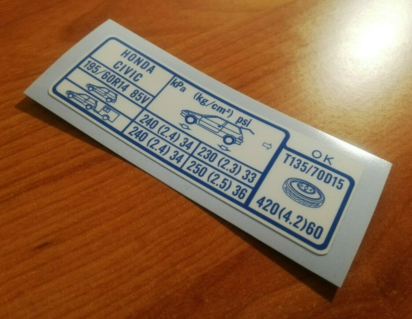 Civic 88-91 iVT - Fits EF/ ED/EE B16 Tyre Pressure Decal - Reproduction Sticker