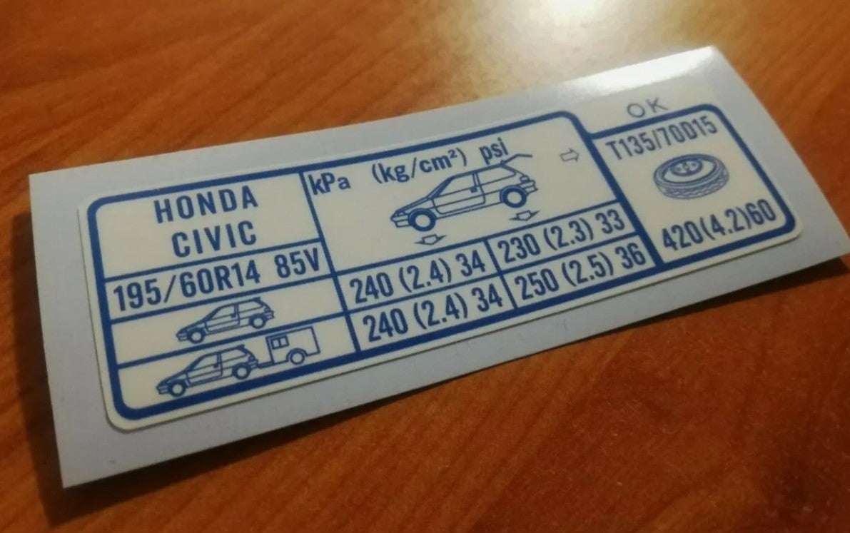 CRX Civic 88-91 - Fits D16 B16 Bonnet - Air Box Filter - Tyre Pressure Decal - JDM - Reproduction Sticker